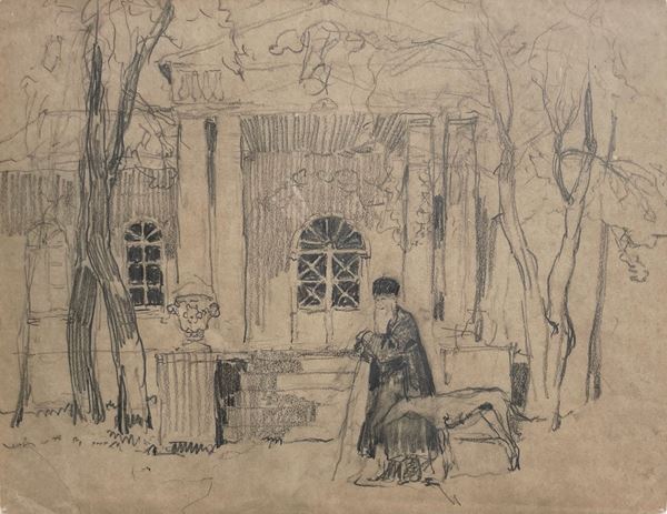 Alessio Issupoff (attr. a) : Anziano con cane  - matita su carta - Auction Arte del XIX - XX secolo - DAMS Casa d'Aste