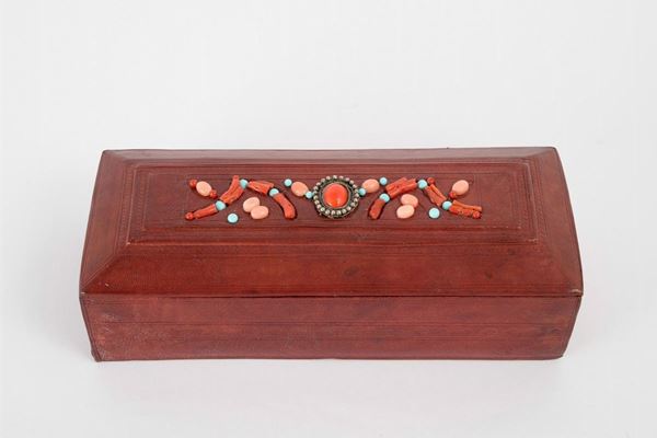 Leather box with coral and semi-precious stones applications