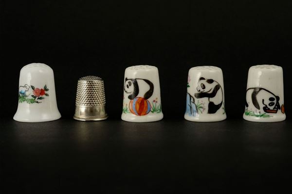 Lot of five collectible thimbles in porcelain and metal