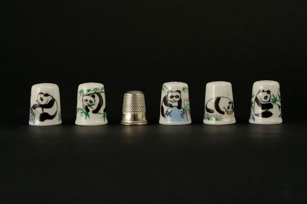 Lot of six collectible thimbles in porcelain and metal