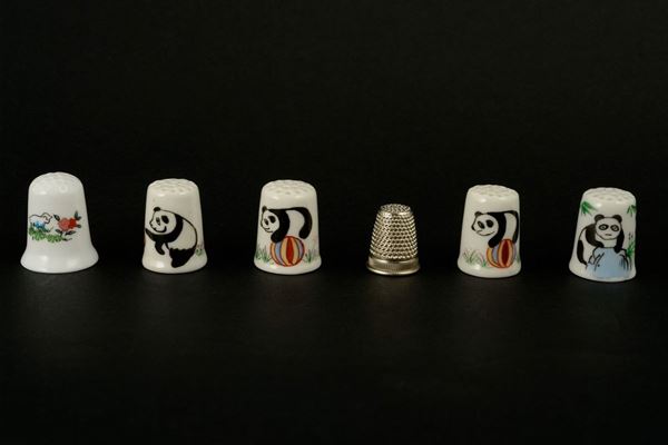 Lot of six collectible thimbles in porcelain and metal