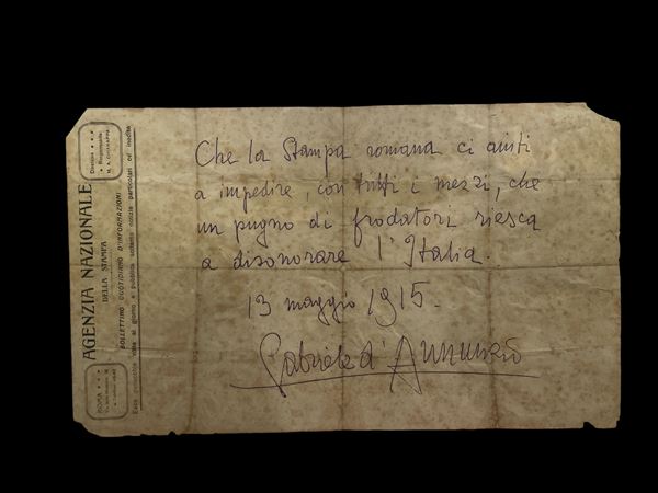 Gabriele D'Annunzio (a firma di) : Scritto di Gabriele D'annunzio  - Asta Old Masters, Arte classica e Arte Orientale - Asta Web Live - DAMS Casa d'Aste