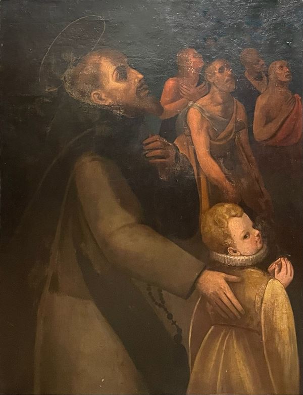 Santo Francescano con fanciullo e anime del purgatorio