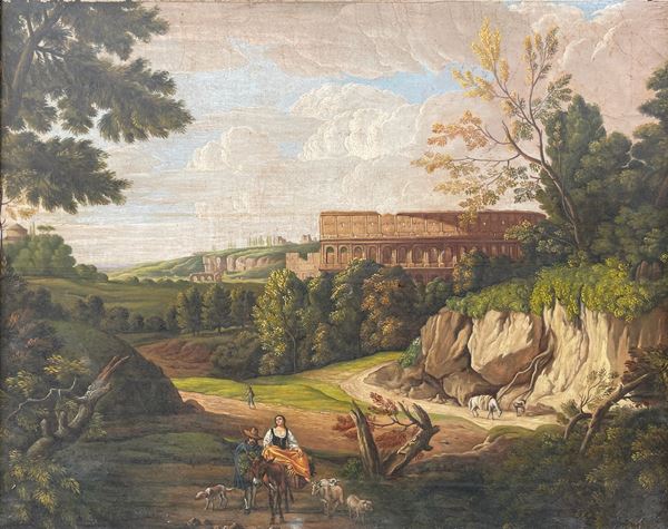 Hendrik Frans van Lint - Paesaggio romano con Colosseo e viandanti