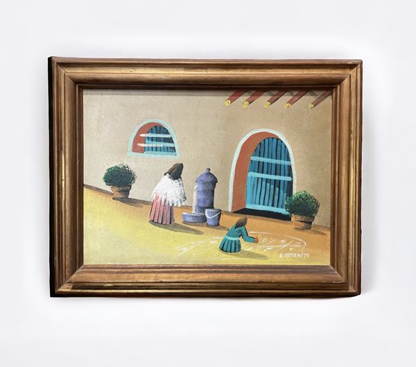 Abdul Rahen Tatari : Cortile  (1979)  - olio su tela - Asta Opere provenienti dall'Accademia Internazionale di Arte Moderna (AIAM) - Web Only - DAMS Casa d'Aste