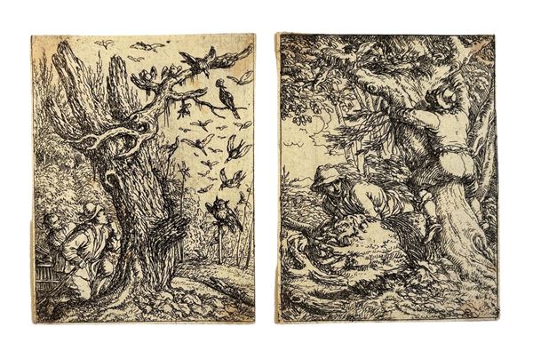 Jonas Umbach - Paesaggio con stormo di uccelli e figure; Stanatori di nidi