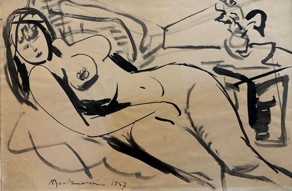 Luigi Montanarini : Nudo femminile disteso  (1947)  - acquerello su carta - Asta Opere provenienti dall'Accademia Internazionale di Arte Moderna (AIAM) - Web Only - DAMS Casa d'Aste