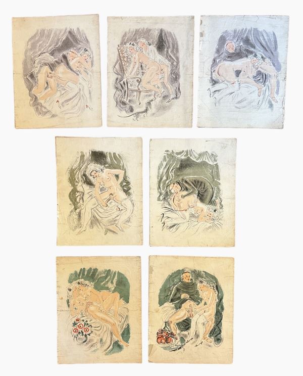 Serie di 7 stampe erotiche da: Histoire de Gouberdom Portier de Chartreux