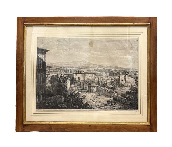 Luigi  Rossini - Veduta dell'antica Porta Latina, con elementi mura antiche di Roma
