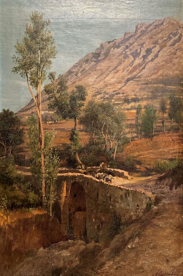 Achille Carrillo - Paesaggio con ponte e armenti