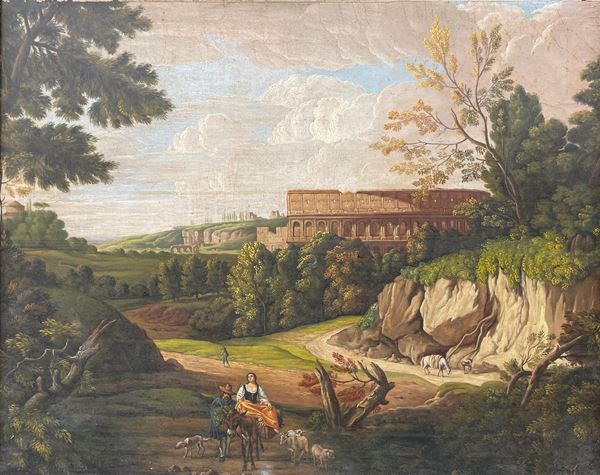 Hendrik Frans van Lint - Paesaggio romano con Colosseo e viandanti