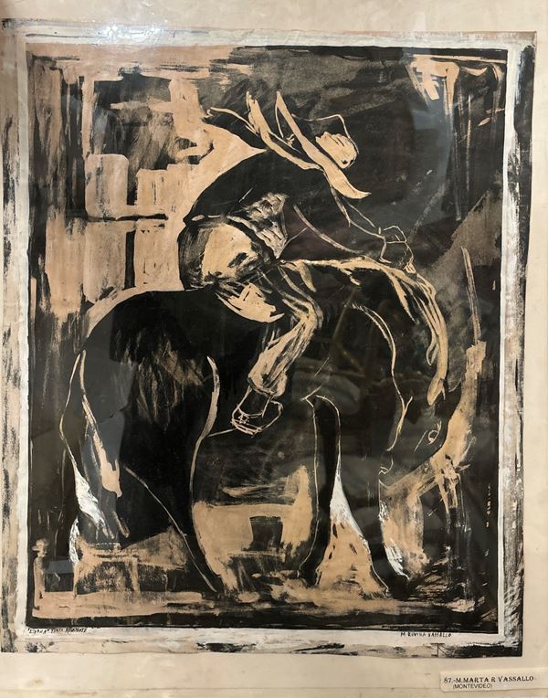 Marta Vassallo - Cowboy a cavallo  - tecnica mista su carta - Asta Opere provenienti dall'Accademia Internazionale di Arte Moderna (AIAM) - Web Only - DAMS Casa d'Aste