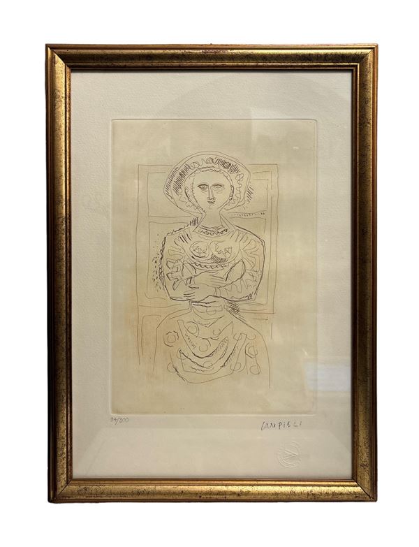 Massimo Campigli : Donna seduta  (1965)  - acquaforte su carta - Asta Opere provenienti dall'Accademia Internazionale di Arte Moderna (AIAM) - Web Only - DAMS Casa d'Aste