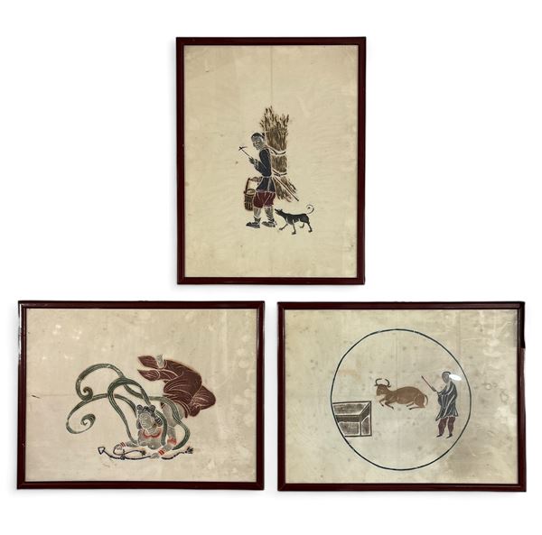 Set di tre dipinti  (XX secolo)  - olio su carta di riso - Asta Asta estiva - DAMS Casa d'Aste