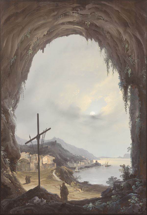 Gioacchino La Pira - Due gouache: Veduta notturna del porto di Amalfi dalla Grotta dei Cappuccini; Grotta di Pozzuoli