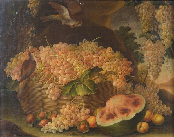 Francesco Malagoli - Coppia di nature morte con cesti di frutta e volatili