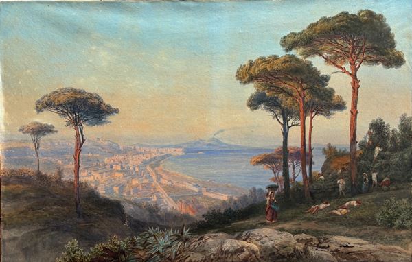 Pittore del XIX secolo - Veduta di Napoli da Posillipo con il Vesuvio in eruzione 