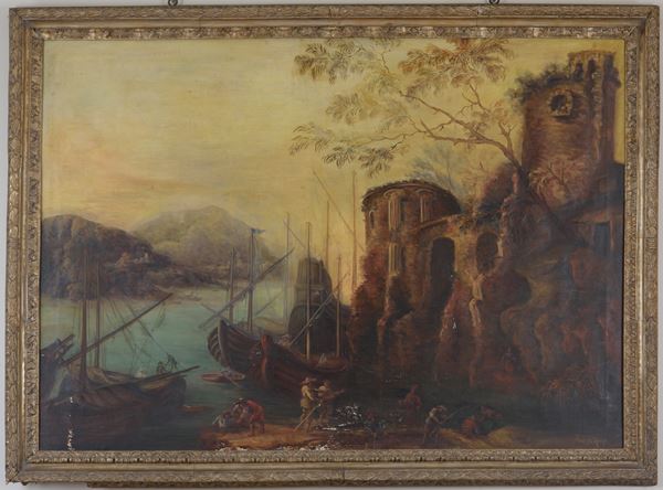 Veduta fluviale con rovine  (Scuola italiana - seconda metà del XIX secolo)  - olio su tela - Auction Art Décor - Roman Collections - DAMS Casa d'Aste