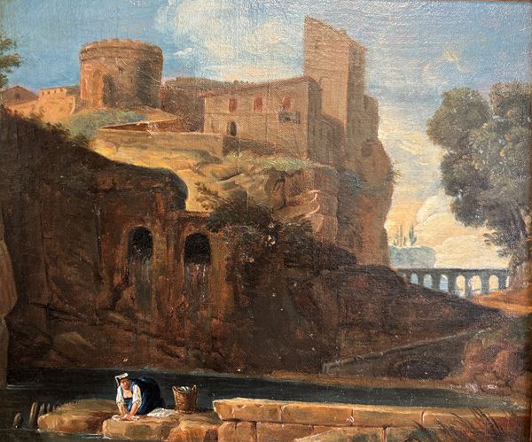 Hubert Robert - Paesaggio laziale con rovine e lavandaia