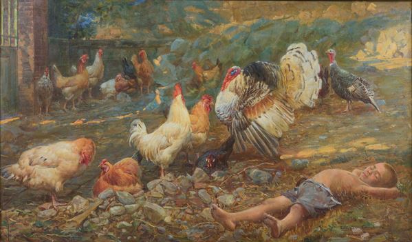 Lionello Grazi - Fanciullo assopito con galline