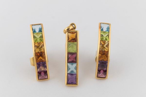 Pair of gold and tourmaline earrings and pendant  (XX secolo)  - Auction Antiques and Modern Art Auction - DAMS Casa d'Aste