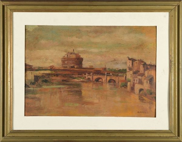 View of the Tiber with Castel Sant&#39;Angelo  (metà XX secolo)  - oil on the table - Auction Antiques and Modern Art Auction - DAMS Casa d'Aste