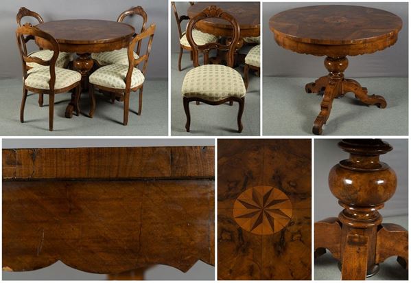 Round table in walnut with four chairs