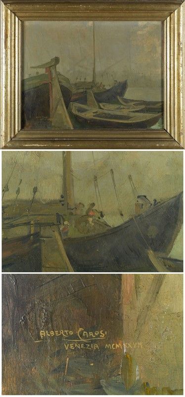 Alberto Carosi (1891-1967), barche in laguna  (primo quarto del XX secolo)  - olio su tavola - Asta Asta di Antiquariato e Arte Moderna - DAMS Casa d'Aste