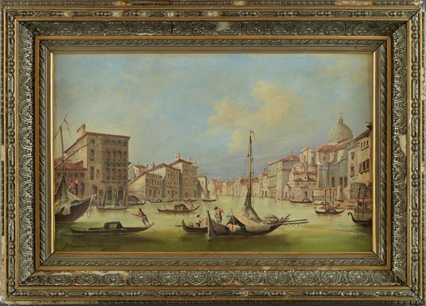 View of the Grand Canal with gondolas and fishermen